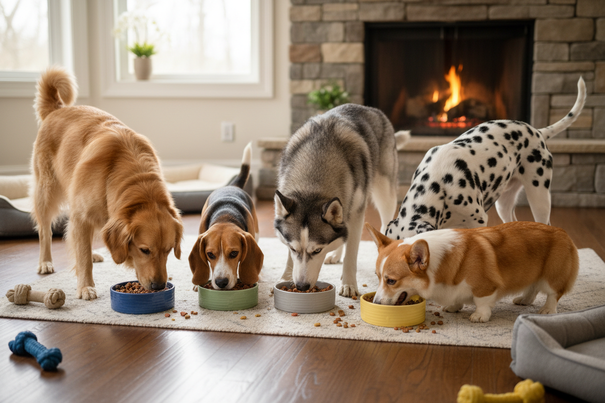 dogs of different kinds eating together.